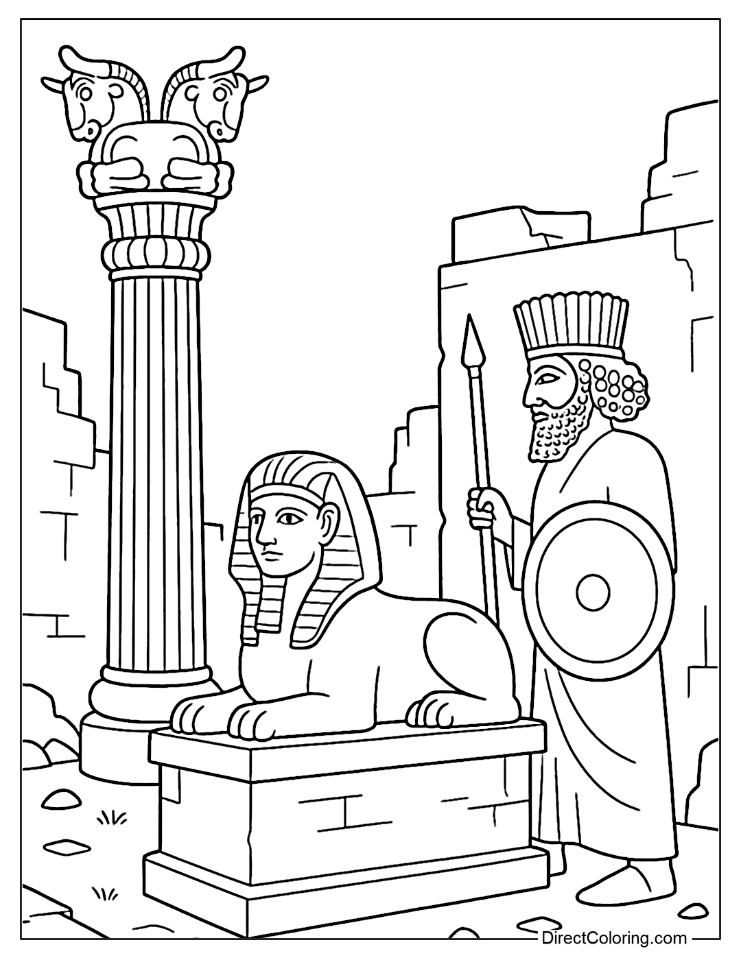 Coloring page of stone pillars, sphinxes and warriors in the ancient city of Persepolis.